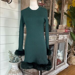 SHOW ME YOUR MUMU FRAN MINI DRESS FAUX FUR HEM CUFF LARGE GREEN BODYCON